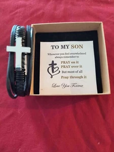To My Son Leather Braided Cross Bracelet,Stainless Steel Cross - Picture 1 of 6
