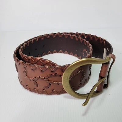 Linea Pelle Brown Genuine Leather Threaded Edge Tooled Womens Belt 2.5" Wide - Image 1 of 4