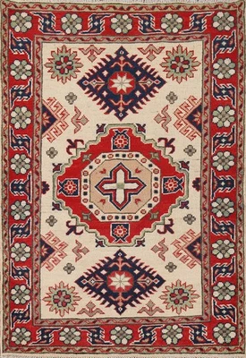 Handmade Kazak Accent Rug 3x4 Ft Geometric Traditional Oriental Wool Carpet - Image 1 of 4