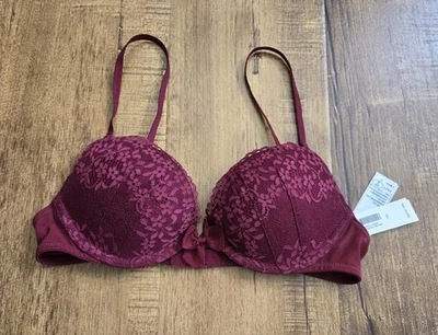 NEW Gilly Hicks Sydney Bra Women 34A Maroon Lace Push 'Em Up Plunge Sexy - Image 1 of 4