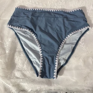 CUPSHE Women's Blue w/ White Embroidered Trim Bikini Swim Bottom Medium - Picture 1 of 6
