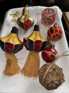Vintage Lot of 7 Velvet, Gold Ribbon, and Bead Ornaments with Tassels and Bows - Picture 1 of 5