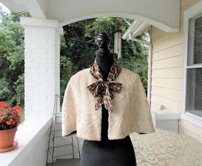 Faux Fur Persian Lamb Off White Cape Stole W/ Leopard Bow Conchi New York S/M - Image 1 of 4