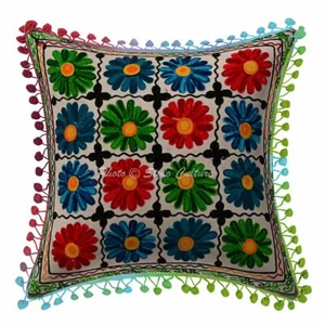 Indian Floral Pillow Cover Decorative Suzani Embroidered Cushion Cover Pair 16" - Picture 1 of 5