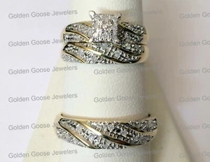 10k yellow gold real diamond his and her mens woman bridal trio set wedding ring - Picture 1 of 8