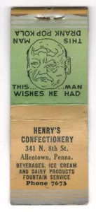 Henry's Confectionery 8th Street Allentown PA Vintage Matchbook Cover B62 - Picture 1 of 2