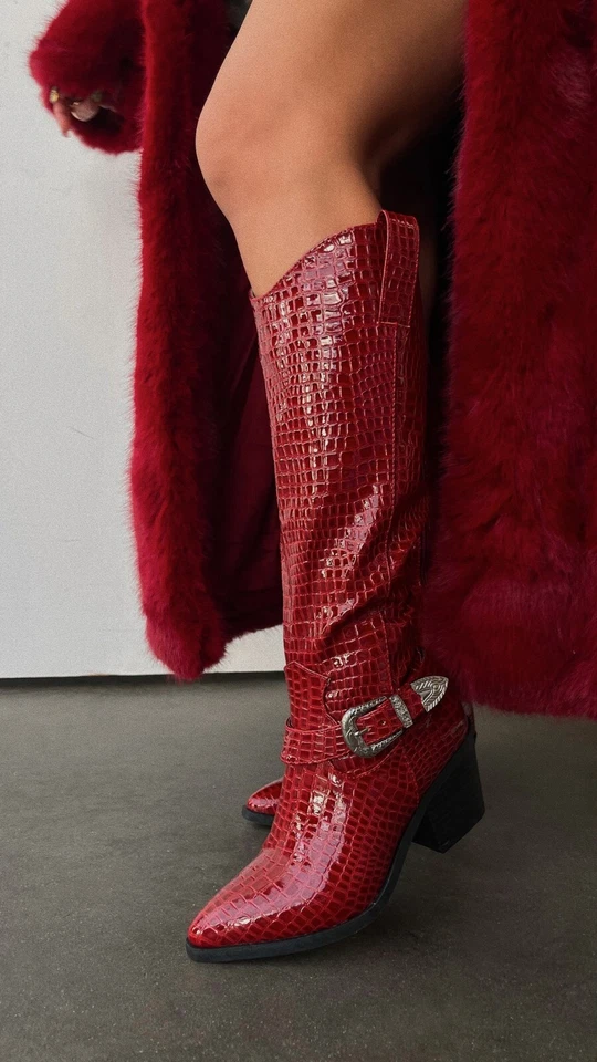 Nuevas botas vaqueras vaqueras vaqueras con hebilla en punta para mujer tacón alto hasta la rodilla Foto 1 de 1