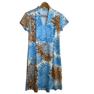 Abito J. McLaughlin Small Ivana scollo a V manica corta blu marrone floreale Catalina - Foto 1 di 8