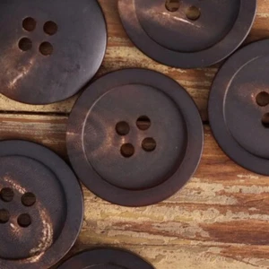 Genuine Horn Buttons 4-Hole Matte Black Brown Wide Rim Italy Made Sewing Set - Picture 1 of 8
