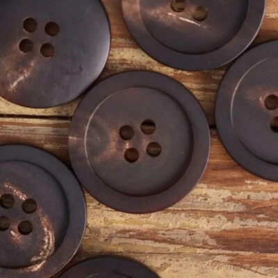 Genuine Horn Buttons 4-Hole Matte Black Brown Wide Rim Italy Made Sewing Set - Image 1 of 4