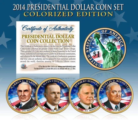 2014 Presidential $1 Dollar COLORIZED President 4-Coin Complete Set w/Capsules Cover