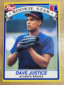 1991 Post Cereal Rookie Star Baseball Card #01 Dave Justice, Braves!