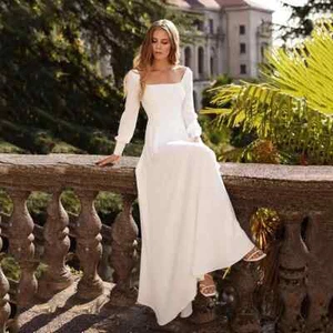 Elegantes Vestidos de Novia Blanco Marfil Cuello Cuadrado Mangas Largas Satén Vestidos de Novia - Imagen 1 de 11