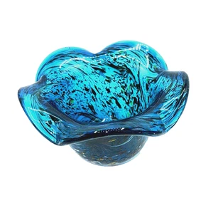 Murano Cobalt Blue Bowl Hand Blown Glass Confetti Ruffled 8x8x5 - Picture 1 of 8
