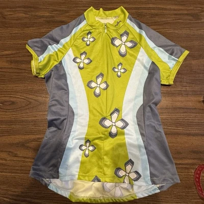 Jersey de ciclismo She Beest verde lima/gris blanco estampado de flores cremallera completa talla XS Foto 1 de 4