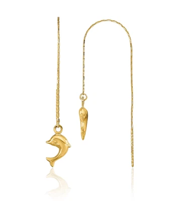 14K Solid Yellow Gold Dolphin Threader Dangle Earrings - Image 1 of 4