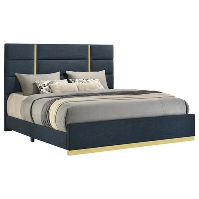 KING NAVY BLUE WOVEN FABRIC BED WITH GOLD ACCENTS BEDROOM FURNITURE - Image 1 of 4