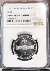 1977 ORDER OF MALTA SILVER 9 TARI X-57 NGC PF 69 ULTRA CAMEO RARE TOP POP 1 - Picture 1 of 3