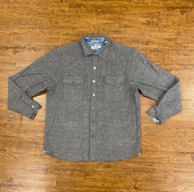 Tommy Bahama Gray Multi-Pocket Metal Snap Button Flannel Shirt Flip Cuff  Mens L - Image 1 of 4