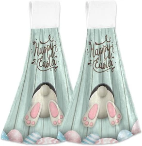 Happy Easter Eggs Bunny Tail Hanging Kitchen Towels 2 PCS Dish Cloth Tie Towels - Picture 1 of 7