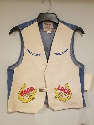 NEW/Vintage Jensen&Smith Leather/Denim, Painted/Embroidered "Good Luck" Vest. LG - Image 1 of 4