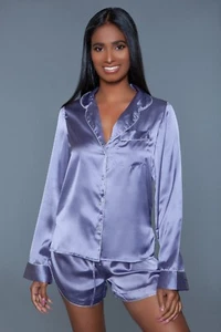 sexy BE WICKED SATIN button UP collared LONG sleeve SHIRT SHORTS pajamas PJS set - Picture 1 of 4