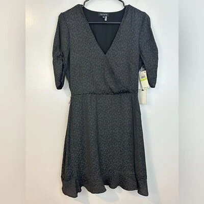 NUEVO CON ETIQUETAS 1. Mini Vestido State Negro Estampado Leopardo Manga Corta Cuello en V Volantes Fluido 4 Foto 1 de 4