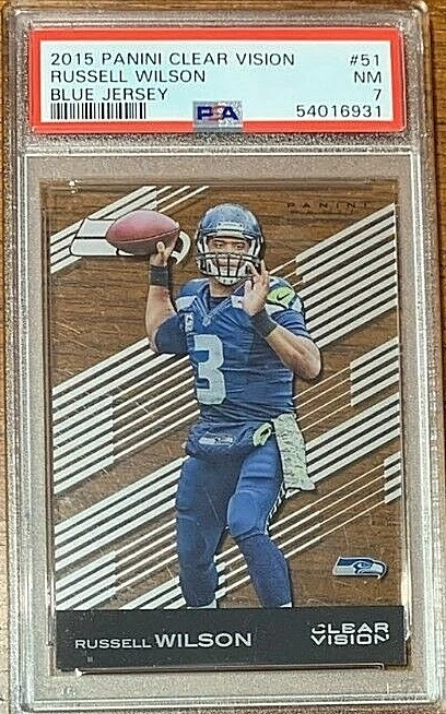 2015 Panini Clear Vision #51 Russell Wilson Blue Jersey PSA 7 POP 1 three higher - Image 1 of 2