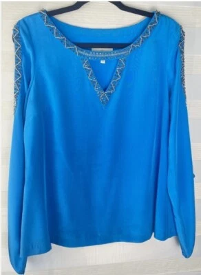 Blusa Madison Marcus Azul Cuentas Estrás Manga Larga Seda Top Mediano Foto 1 de 4