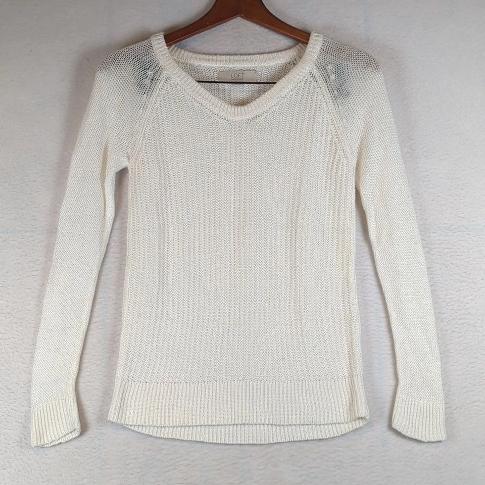 LOFT Womens White 100% Linen Knit Ribbed Sweater XS - Image 1 of 4