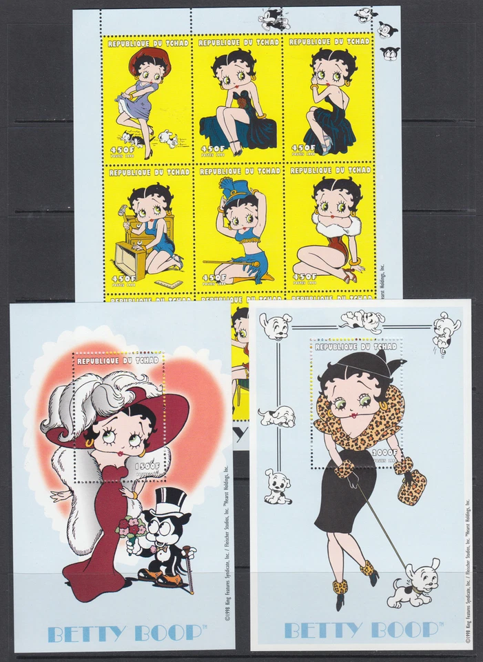 Chad Sc 815-817 MNH. 1999 Betty Boop cartoon character, cplt set of 3 sheets, VF - Image 1 of 1