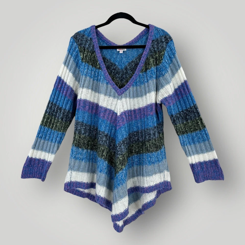 Bongo Plus Sweater Woman's Size 3X Multicolor V-Neck Blue Purple Gray Stripe - Image 1 of 4