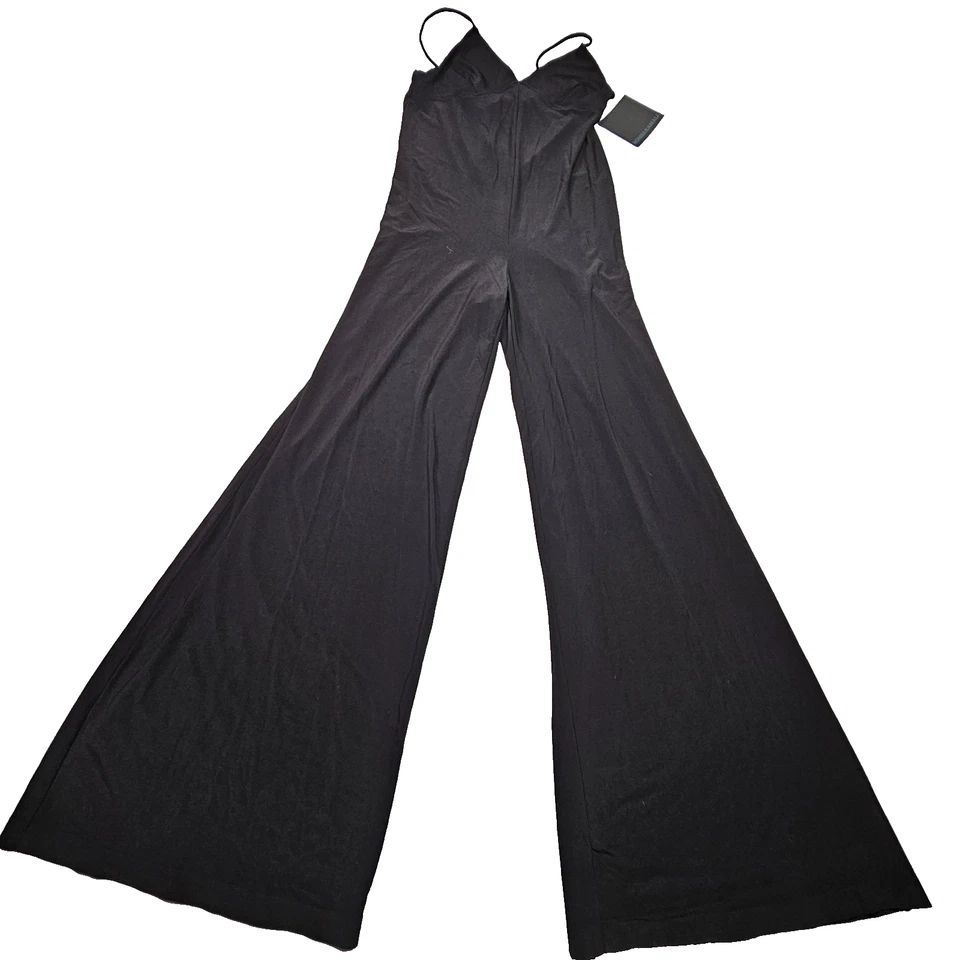 Mono Norma Kamali Slip Nuevo con Etiquetas Para Mujer Mediano Negro Pierna Ancha Drapeado Cuello en V Foto 1 de 4