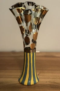 MacKenzie-Childs 7” Circus Bud Vase w/Stripes Gold Dots Ruffle Lip - Picture 1 of 7