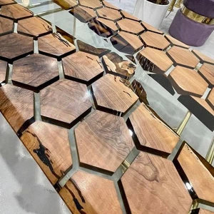 36x18" Modern Hexagon Epoxy Dining Table | Custom Acacia & Black Resin Table - Picture 1 of 5