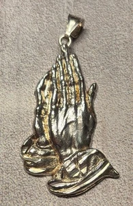 925 Sterling Silver Praying Hands Pendant 2” 4.23g Jesus Religious - Picture 1 of 5