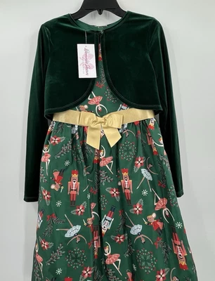 BONNIE JEAN Conjunto de 14 Vestido Cascanueces y Cárdigan de Terciopelo Verde 2 piezas Nuevo Foto 1 de 4