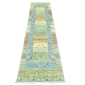 2'5"x9'9" Green Hand Knotted Kashkuli Animal Figurines Wool Runner Rug R20116 - Picture 1 of 6