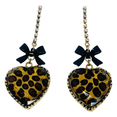 Pendientes colgantes largos corazón hinchado estado amor leopardo Betsey Johnson cristales de 3" Foto 1 de 4