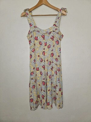 Vestido sin mangas de rayón estampado hojas de lino pequeño amarillo vintage Jeanne Engelhart Foto 1 de 4