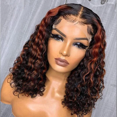 Short Bob Black Red Deep Wave Brazilian Human Hair 13x4 Lace Front Wig Fashion - Image 1 of 4