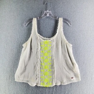 Hollister Juniors Sheer White & Neon Yellow Floral Embroidery Logo Tank Top Sz S - Picture 1 of 6
