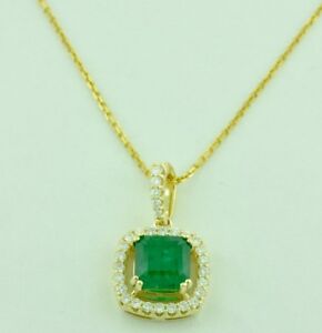 14k Solid Yellow gold Natural Emerald & Diamond Pendant May Birthstone halo