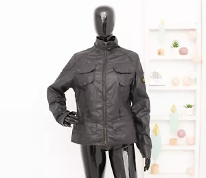 Barbour International Biker Jacket Linen Waxed Black Coat Women's Size UK12 US8 - Picture 1 of 17