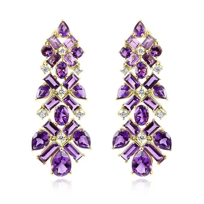 20.61 克拉多色紫水晶和钻石圆形 18K 黄金吊坠耳环 — 第 1/4 张图片