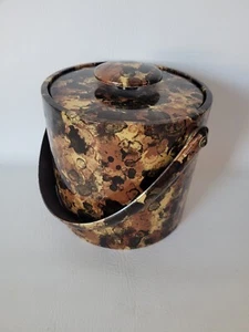 Vtg MCM Ice Bucket Brown Gold Blotched Padded Vinyl 60's Retro Bar Decor W/ Lid - Picture 1 of 8