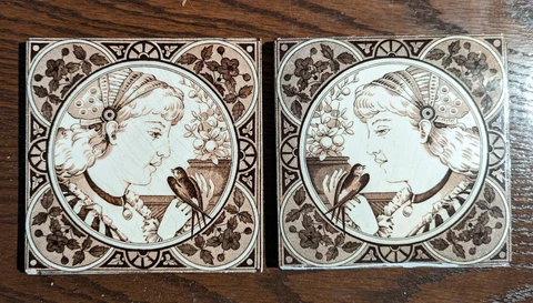 Set of Two Antique Tiles: Lady with Songbird Cover