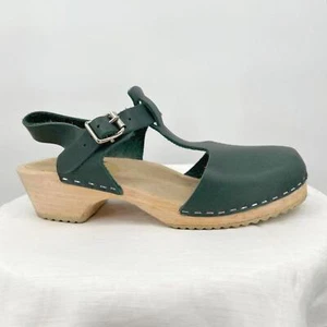 Women's Lotta from Stockholm Leather Wooden Heel Mary Jane Green Shoes 38/7 - Picture 1 of 7