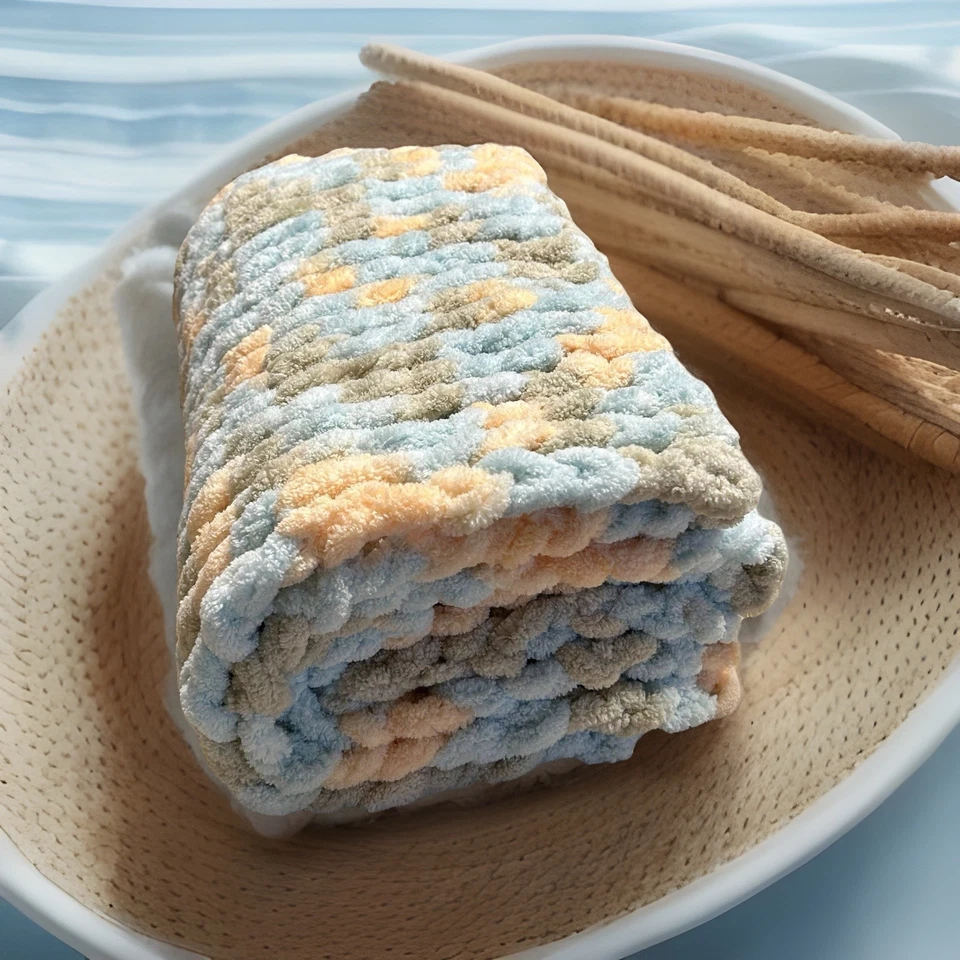 New~Handmade CHUNKY CROCHET BABY BLANKET Afghan~EXTRA SOFT~Pastel Multi~33 X 28 - Image 1 of 4