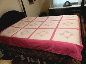 Vintage Hand  Quilted Quilt  Pink  Embroidery  Floral on White  72x66" Twin NICE - Picture 1 of 16